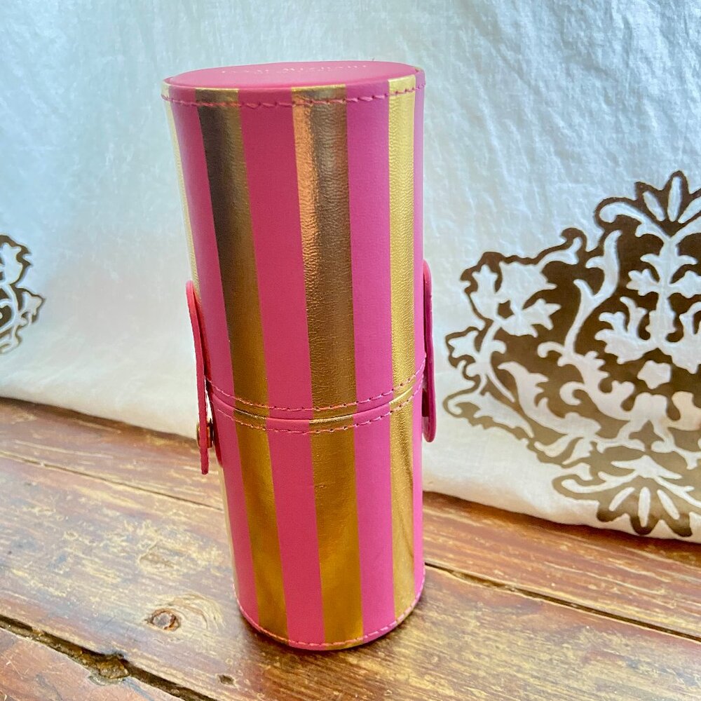 Empty Isaac Mizrahi NY Pink Gold Stripe Makeup Brush Holder Case Sunglasses EUC